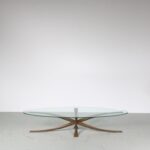m27486 1960s Brass coffee table with oval clear glass top Michel Mangematin & Roger Bruny, France