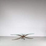 m27486 1960s Brass coffee table with oval clear glass top Michel Mangematin & Roger Bruny, France