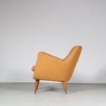 m27518 1950s Easy chair Poet in teak wood with new yellow fabric upholstery Finn Juhl Niels Vodder, Denmark