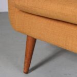 m27518 1950s Easy chair Poet in teak wood with new yellow fabric upholstery Finn Juhl Niels Vodder, Denmark