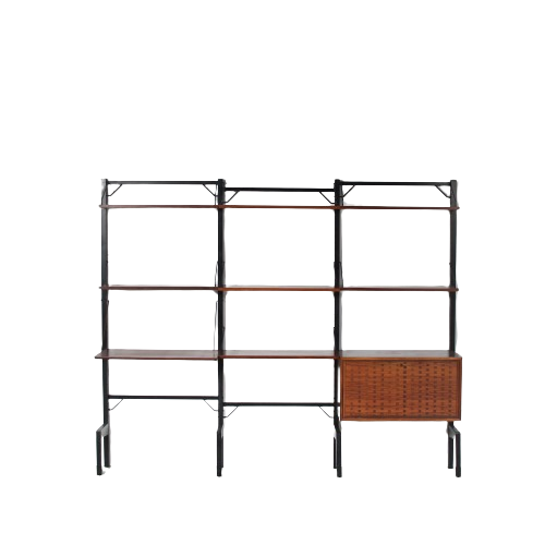 m27298 1960s 3-Unit wide free standing system cabinet, black metal with wood Poul Cadovius Royal System, Denmark