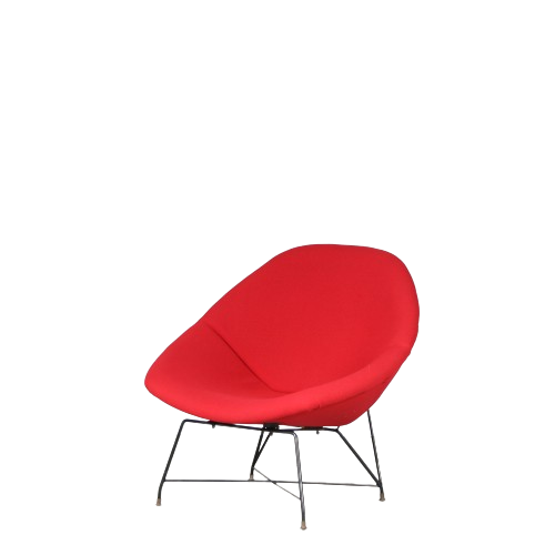 m27529 1950s Easy chair on black metal base with brass details and red fabric upholstery Augusto Bozzi Saporiti, Italy