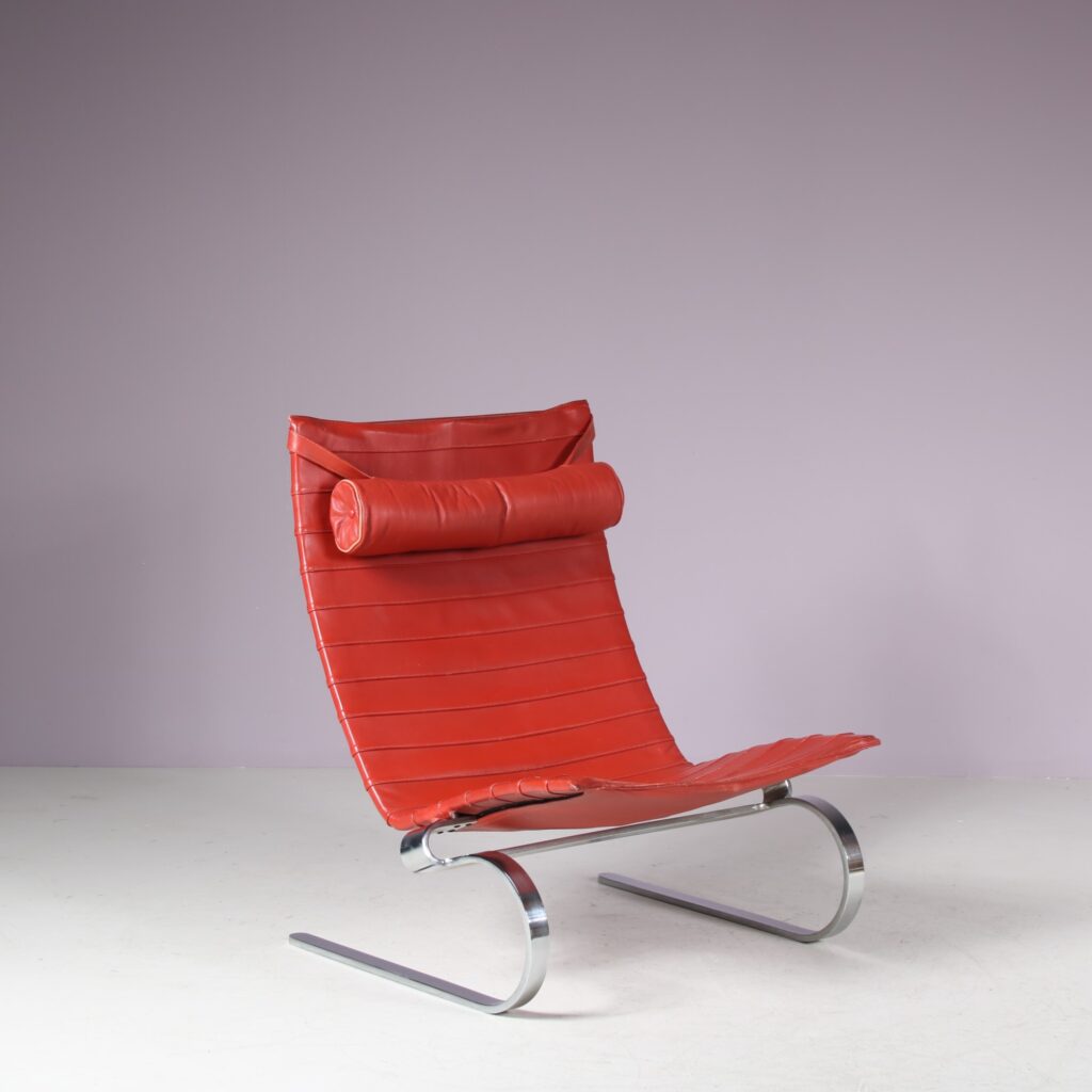 m27751 1970s Easy chair model PK20 on chrome metal with red leather upholstery / Poul Kjaerholm / Kold Christensen, Denmark