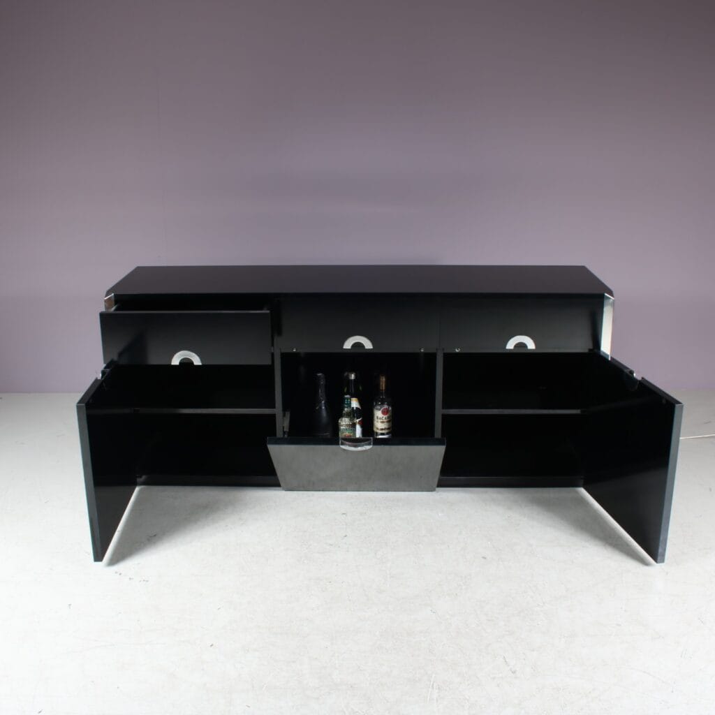 m27861 1970s Black laminated three door sideboard with chrome details / Willy Rizzo / Mario Sabot, Italy
