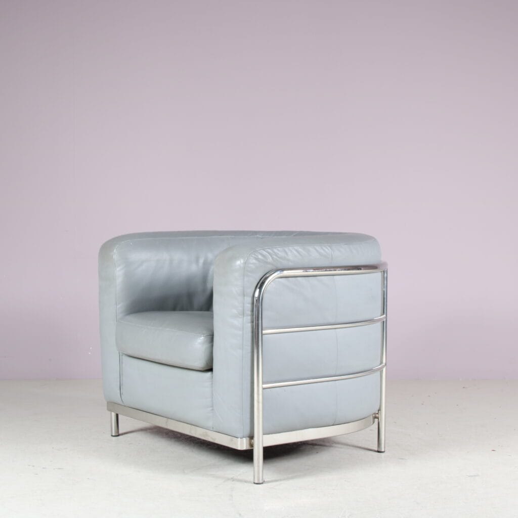 m28000 1980s Onda easy chair in chrome metal with grey leather De Pas, D'Urbino and Lomazzi Zanotta, Italy