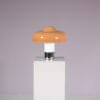 L5456 1970s Brumbury Table lamp in white metal and brown plastic shade Luigi Masonni Guzzini, Italy