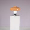 L5456 1970s Brumbury Table lamp in white metal and brown plastic shade Luigi Masonni Guzzini, Italy