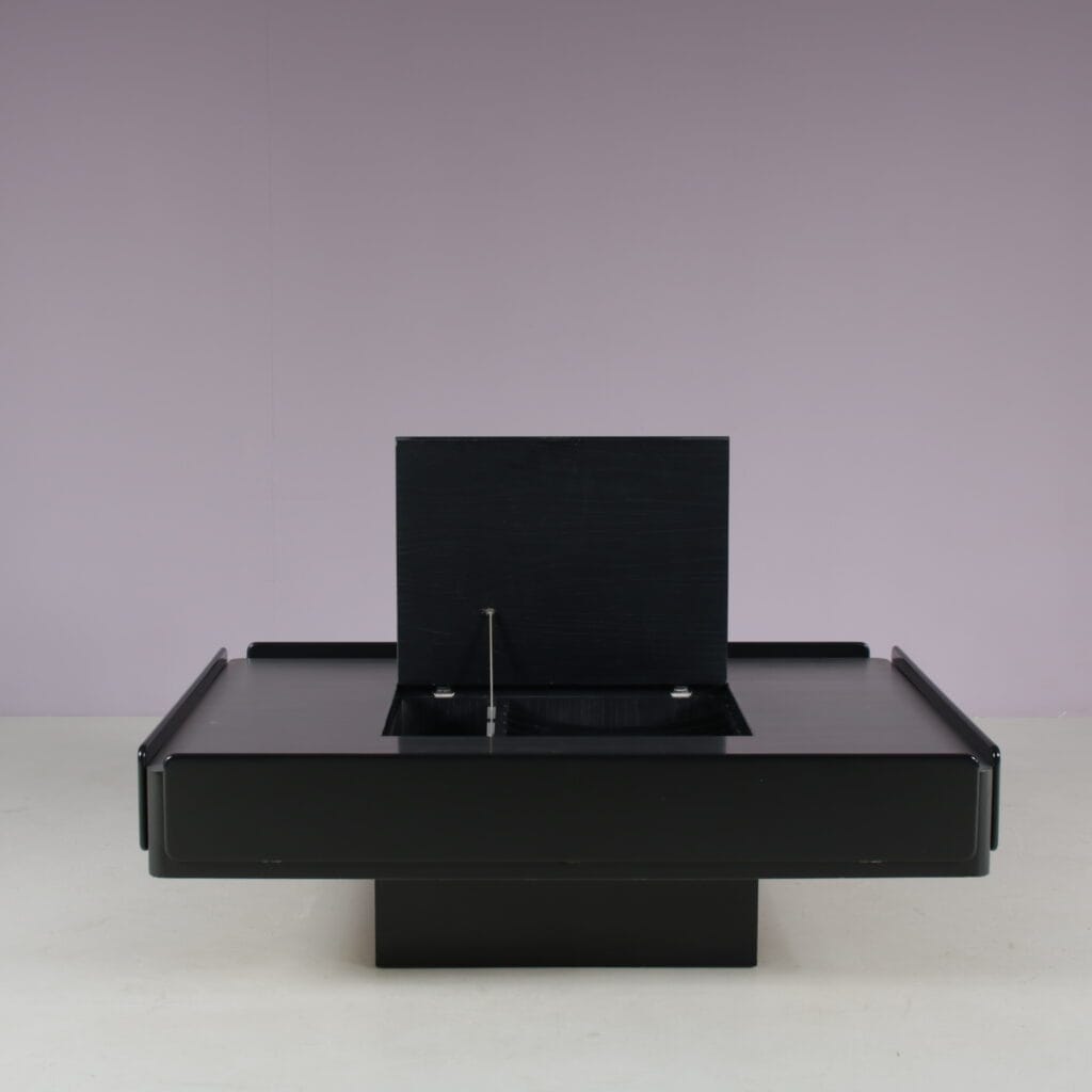 m28116 1960s Caori coffee table in black wood with aluminium top Vico Magistretti Gavina, Italy