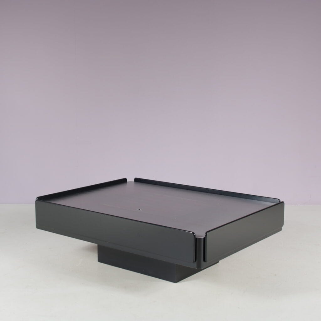 m28116 1960s Caori coffee table in black wood with aluminium top Vico Magistretti Gavina, Italy