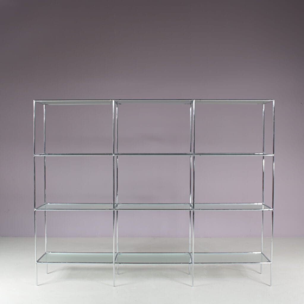 m28152 1960s "Abstracta" system cabinet in chrome metal with blurred glass shleves / Poul Cadovius / Royal System, Denmark