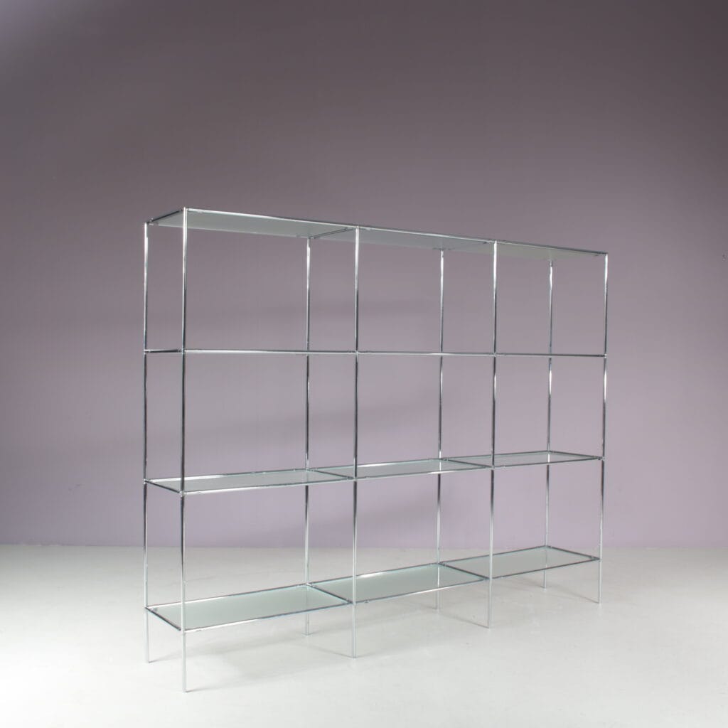 m28152 1960s "Abstracta" system cabinet in chrome metal with blurred glass shleves / Poul Cadovius / Royal System, Denmark