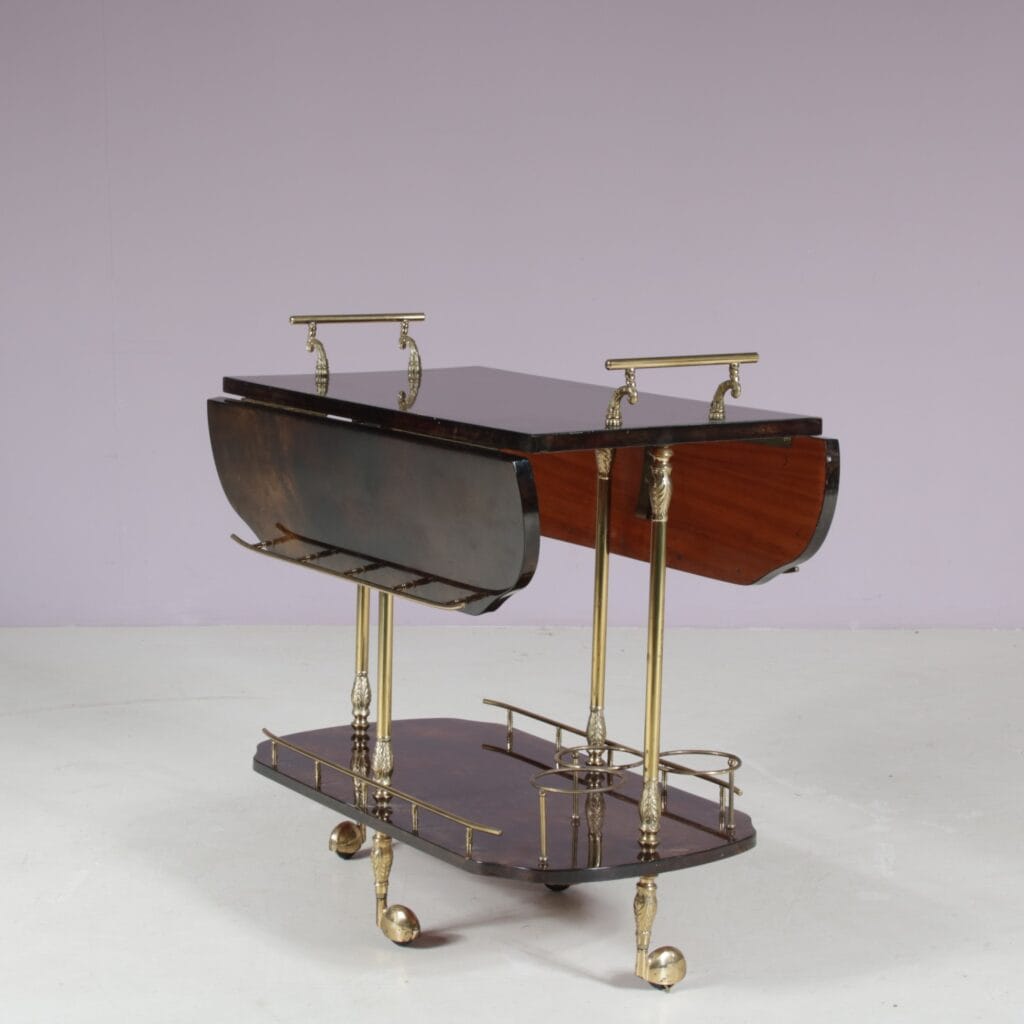 m28143 1960s Bar cart with drop leaves in lacquered goat skin with brass base Aldo Tura Italy