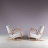 m27931 1950s Pair of H269 easy chairs in light wood with new off white velvet upholstery / Jindrich Halabala / Up Zadovy, Czech