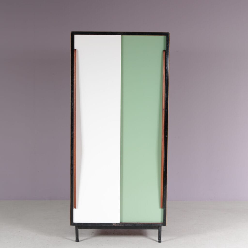 2603 3 (44) m27723 1950s Wooden cabinet with coloured metal sliding doors Willy van der Meeren Tubax, Belgium m27723 1950s Wooden cabinet with coloured metal sliding doors Willy van der Meeren Tubax, Belgium