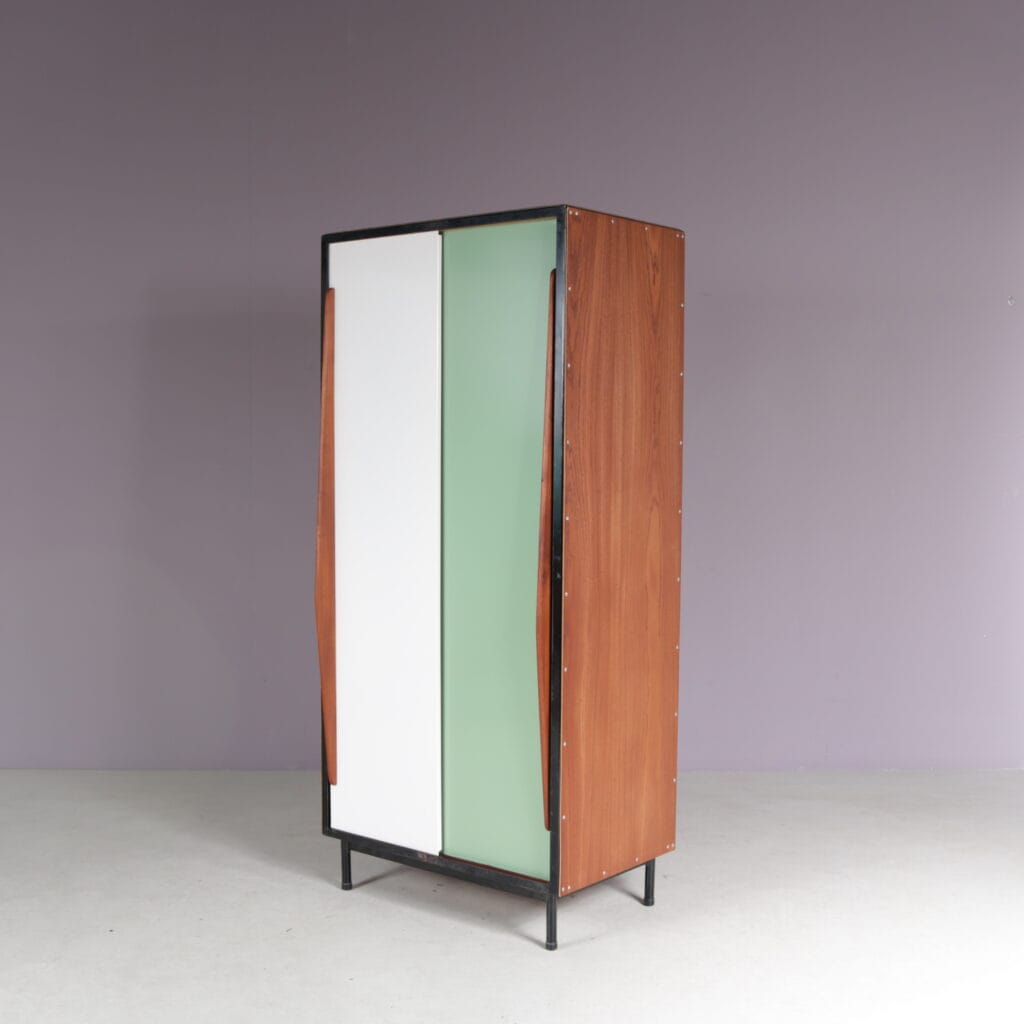 m27723 1950s Wooden cabinet with coloured metal sliding doors Willy van der Meeren Tubax, Belgium